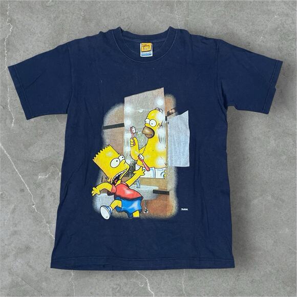 Vintage 90s Y2K The Simpsons BART Homer Mirror Medium Blue T-Shirt Fade Distress - Picture 1 of 10